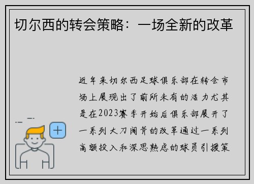 切尔西的转会策略：一场全新的改革