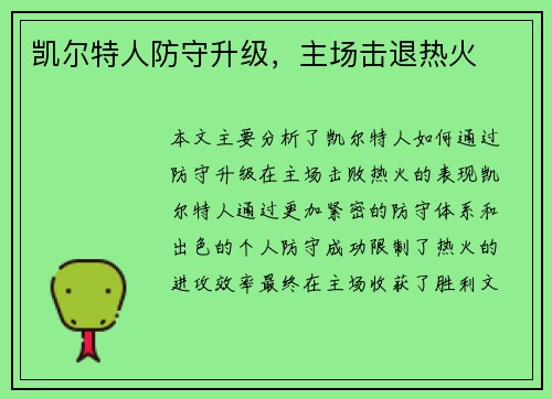 凯尔特人防守升级，主场击退热火