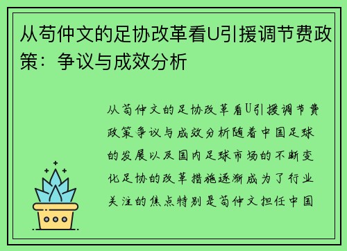 从苟仲文的足协改革看U引援调节费政策：争议与成效分析