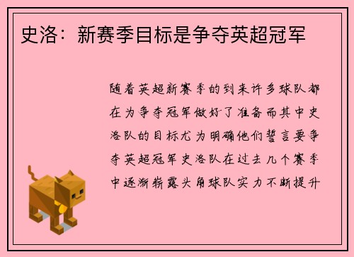 史洛：新赛季目标是争夺英超冠军