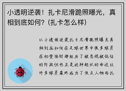 小透明逆袭！扎卡尼滑跪照曝光，真相到底如何？(扎卡怎么样)